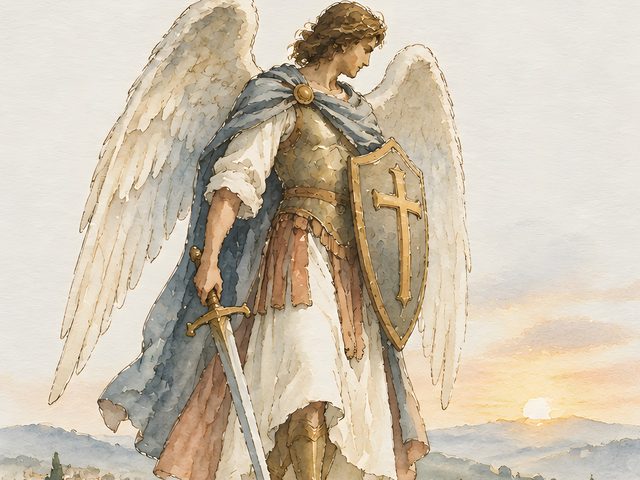 Archangel Michael, Psalm 34:7 watercolor print, close-up of the watercolor painting