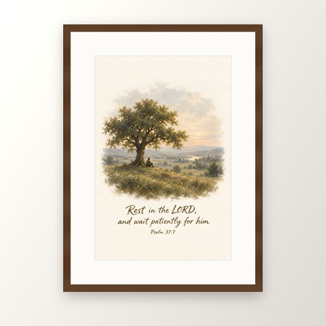 Under the Olive Tree, Psalm 37:7 watercolor print, framed