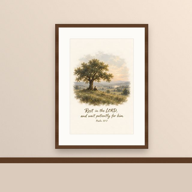 Under the Olive Tree, Psalm 37:7 watercolor print, framed on a wall