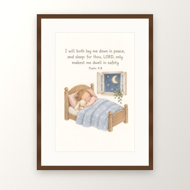 Sleeping Child, Psalm 4:8 watercolor print, framed