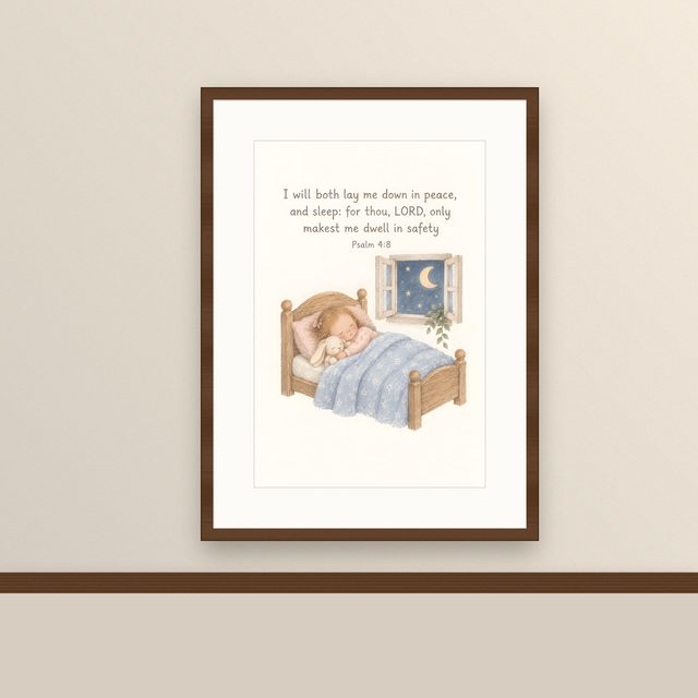 Sleeping Child, Psalm 4:8 watercolor print, framed on a wall