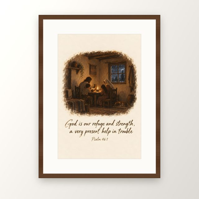 Family by Lamplight, Psalm 46:1 watercolor print, framed