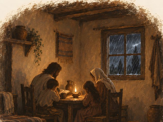 Family by Lamplight, Psalm 46:1 watercolor print, close-up of the watercolor painting