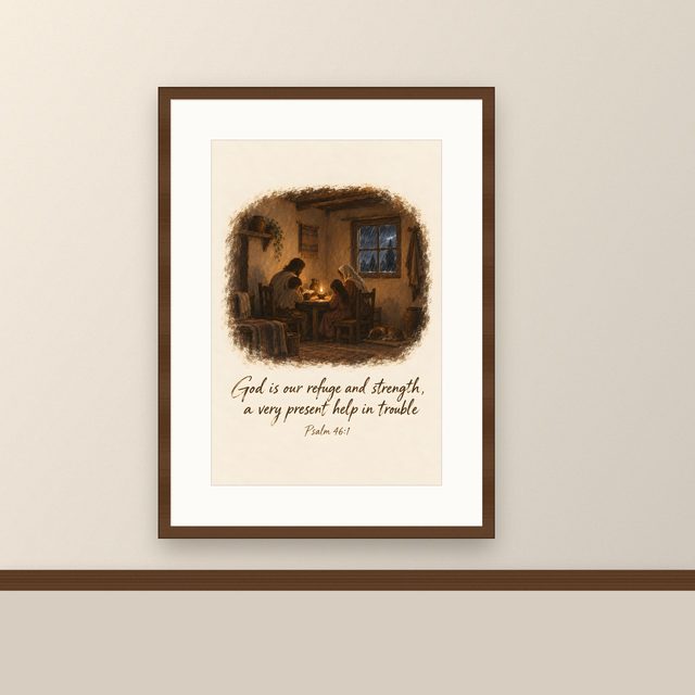 Family by Lamplight, Psalm 46:1 watercolor print, framed on a wall