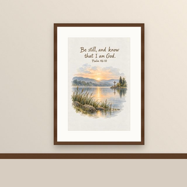 Be Still and Know That I Am God, Psalm 46:10 watercolor print, framed on a wall