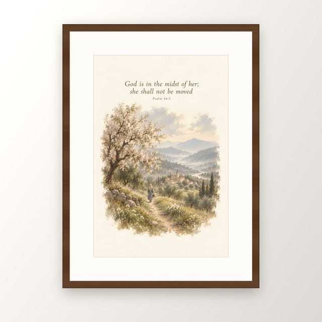 Almond Blossom Path, Psalm 46:5 watercolor print, framed
