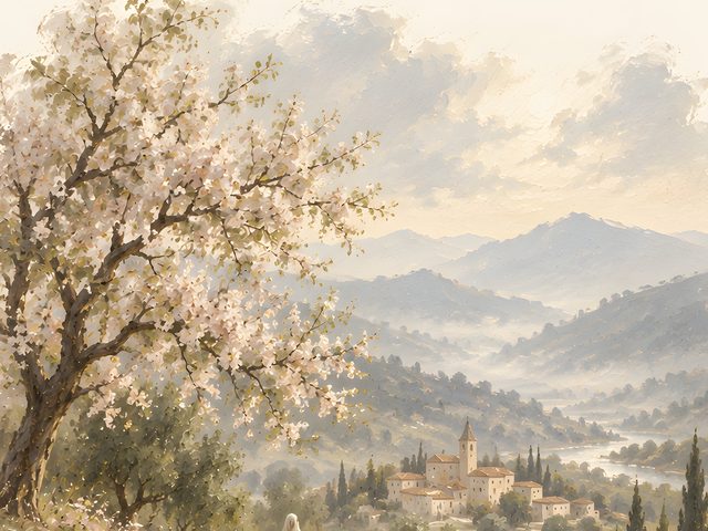 Almond Blossom Path, Psalm 46:5 watercolor print, close-up of the watercolor painting
