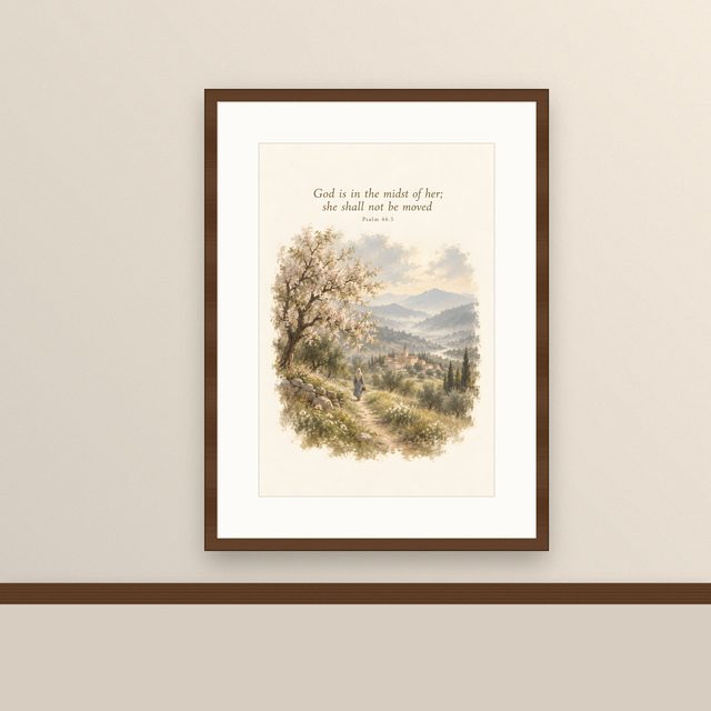 Almond Blossom Path, Psalm 46:5 watercolor print, framed on a wall