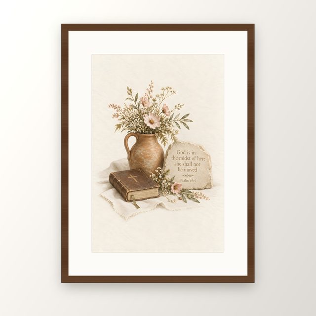 Bible and Wildflowers, Psalm 46:5 watercolor print, framed