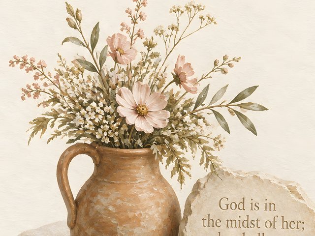 Bible and Wildflowers, Psalm 46:5 watercolor print, close-up of the watercolor painting
