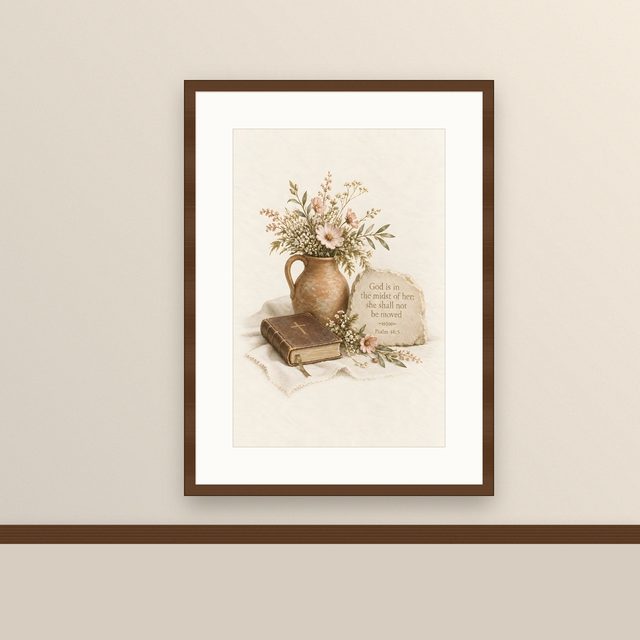 Bible and Wildflowers, Psalm 46:5 watercolor print, framed on a wall