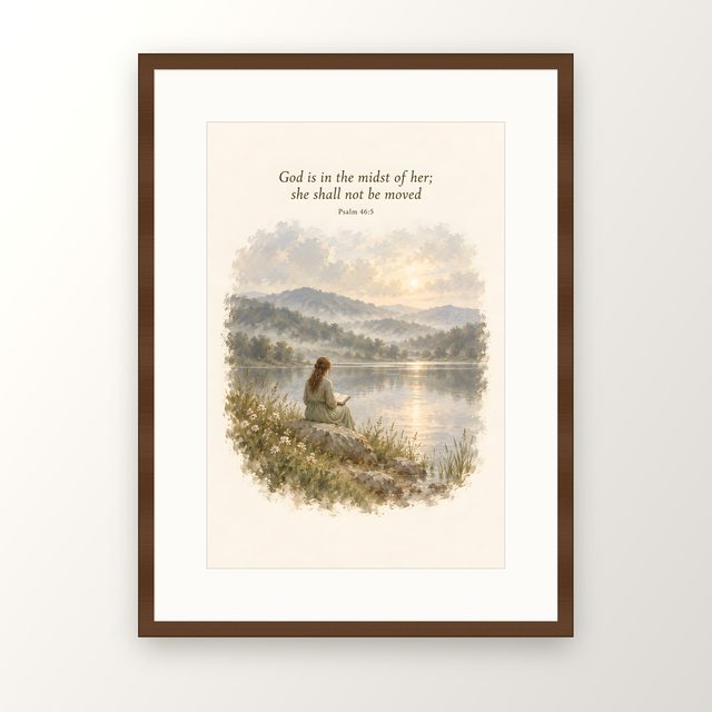 By the Still Lake, Psalm 46:5 watercolor print, framed