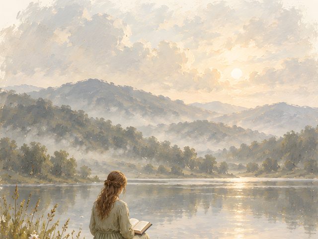 By the Still Lake, Psalm 46:5 watercolor print, close-up of the watercolor painting