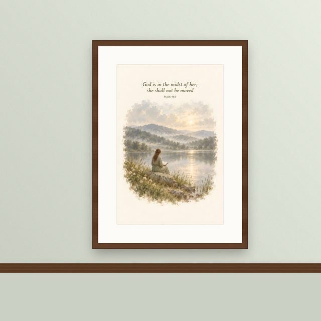 By the Still Lake, Psalm 46:5 watercolor print, framed on a wall