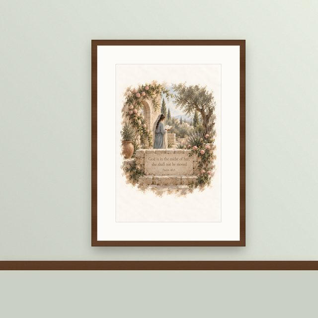 Garden of Roses, Psalm 46:5 watercolor print, framed on a wall