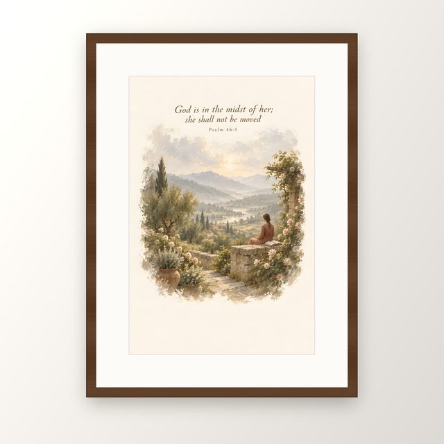 Garden Wall, Psalm 46:5 watercolor print, framed