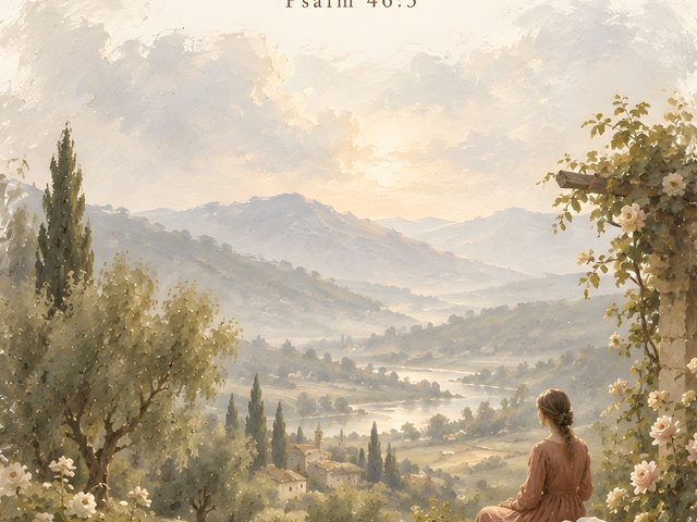 Garden Wall, Psalm 46:5 watercolor print, close-up of the watercolor painting
