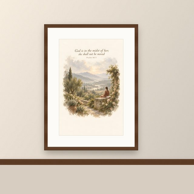 Garden Wall, Psalm 46:5 watercolor print, framed on a wall