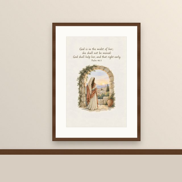 God Is Within Her She Shall Not Be Moved, Psalm 46:5 watercolor print, framed on a wall