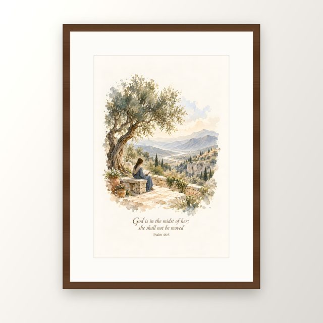 Hilltop Garden, Psalm 46:5 watercolor print, framed