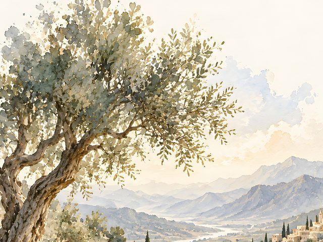 Hilltop Garden, Psalm 46:5 watercolor print, close-up of the watercolor painting
