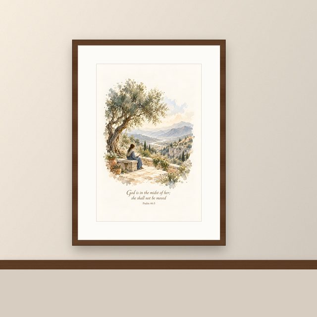 Hilltop Garden, Psalm 46:5 watercolor print, framed on a wall