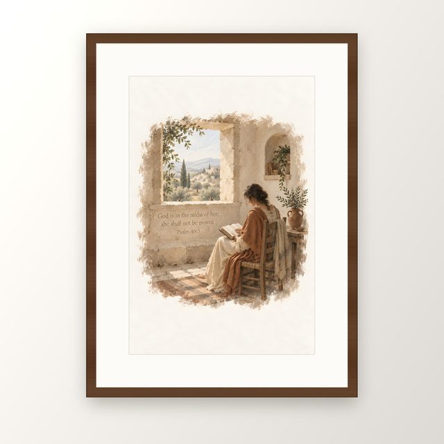 Reading by the Window, Psalm 46:5 watercolor print, framed