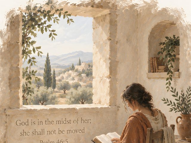 Reading by the Window, Psalm 46:5 watercolor print, close-up of the watercolor painting