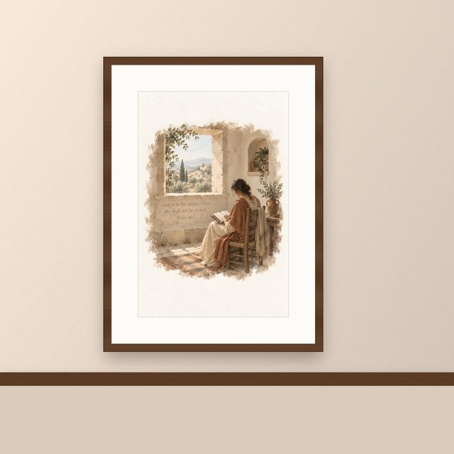 Reading by the Window, Psalm 46:5 watercolor print, framed on a wall