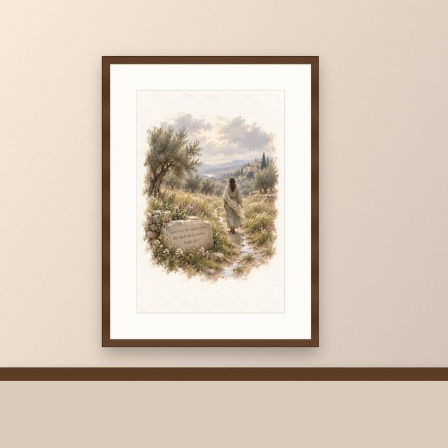 Walking the Path, Psalm 46:5 watercolor print, framed on a wall