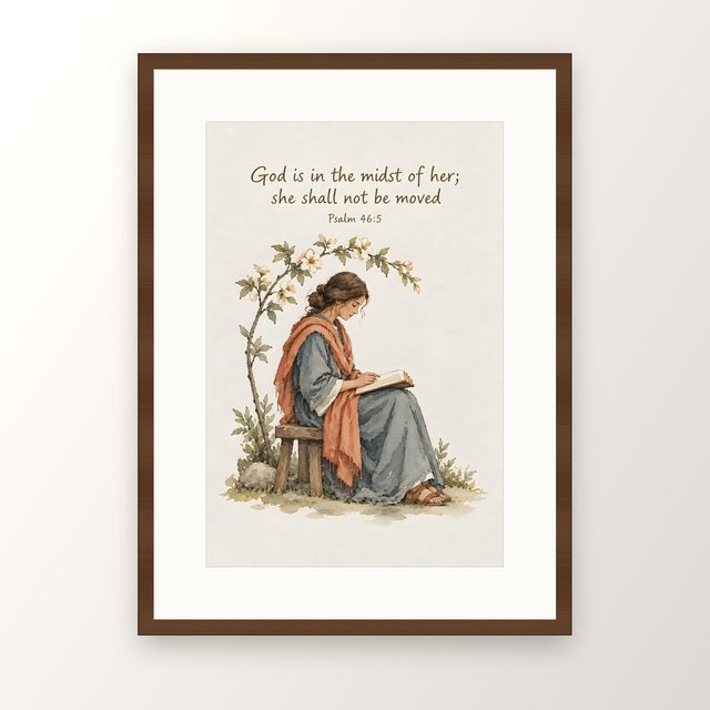 Woman Reading Her Bible, Psalm 46:5 watercolor print, framed