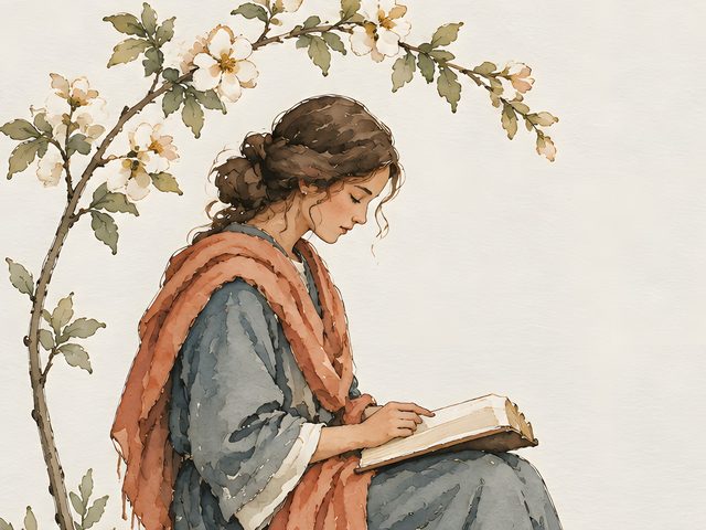 Woman Reading Her Bible, Psalm 46:5 watercolor print, close-up of the watercolor painting