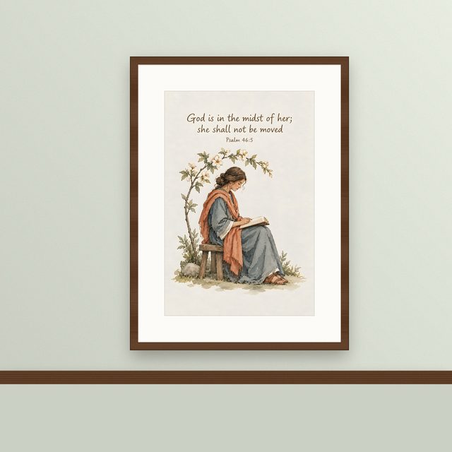 Woman Reading Her Bible, Psalm 46:5 watercolor print, framed on a wall