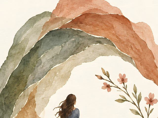 Woman Under the Arch, Psalm 46:5 watercolor print, close-up of the watercolor painting