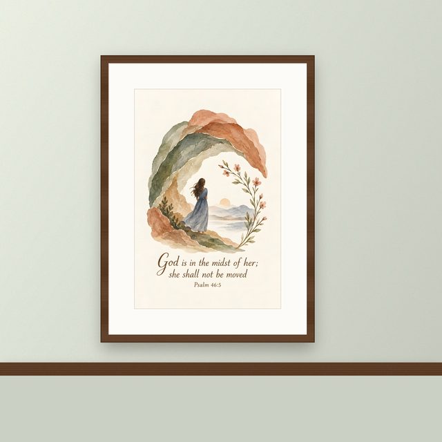 Woman Under the Arch, Psalm 46:5 watercolor print, framed on a wall