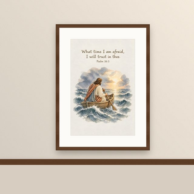 What Time I Am Afraid I Will Trust in Thee, Psalm 56:3 watercolor print, framed on a wall