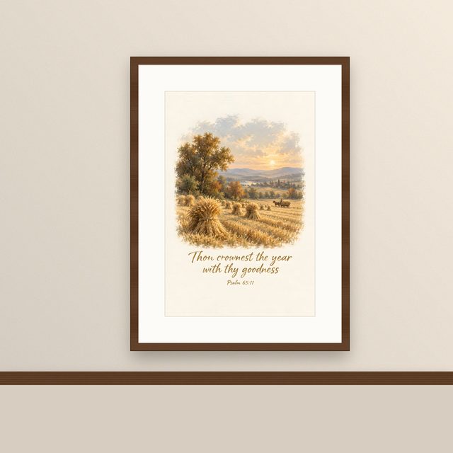 Harvest Field, Psalm 65:11 watercolor print, framed on a wall
