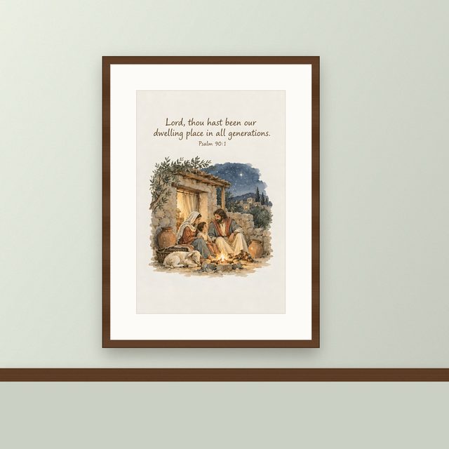 Our Dwelling Place in All Generations, Psalm 90:1 watercolor print, framed on a wall