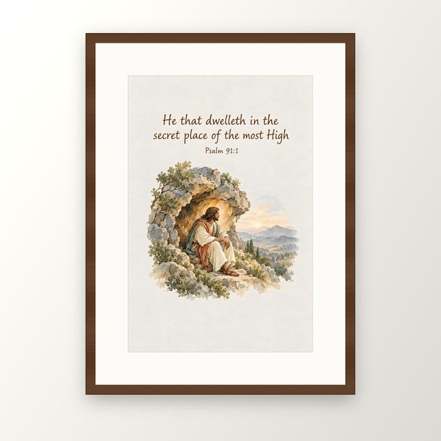 He That Dwelleth in the Secret Place, Psalm 91:1 watercolor print, framed