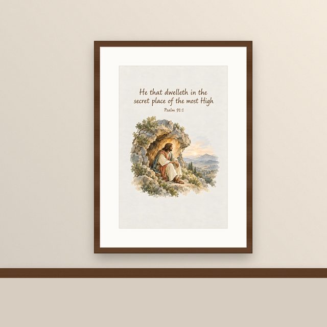 He That Dwelleth in the Secret Place, Psalm 91:1 watercolor print, framed on a wall