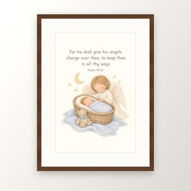 Blue Guardian Angel, Psalm 91:11 watercolor print, framed