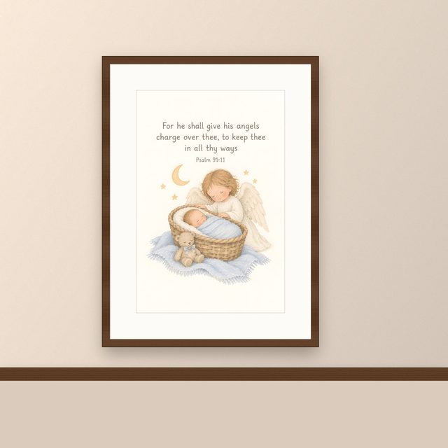 Blue Guardian Angel, Psalm 91:11 watercolor print, framed on a wall