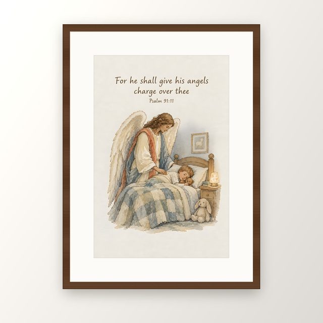 Guardian Angel, Psalm 91:11 watercolor print, framed