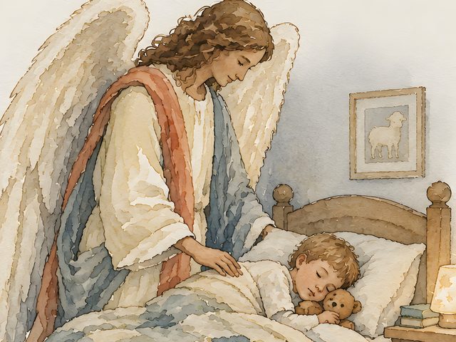 Guardian Angel, Psalm 91:11 watercolor print, close-up of the watercolor painting