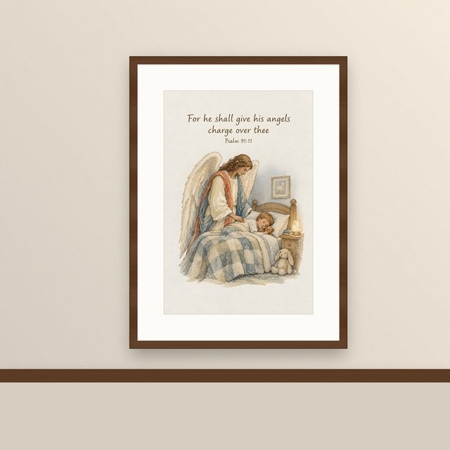 Guardian Angel, Psalm 91:11 watercolor print, framed on a wall