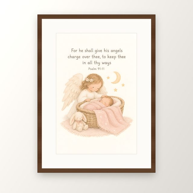 Pink Guardian Angel, Psalm 91:11 watercolor print, framed