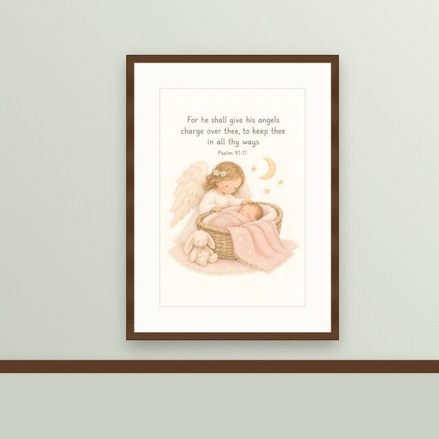 Pink Guardian Angel, Psalm 91:11 watercolor print, framed on a wall