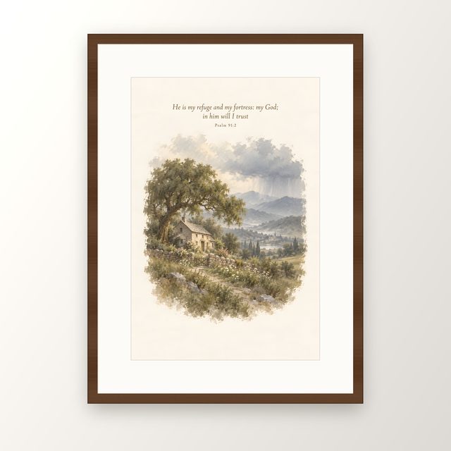 Cottage in the Rain, Psalm 91:2 watercolor print, framed