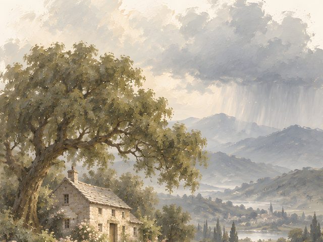 Cottage in the Rain, Psalm 91:2 watercolor print, close-up of the watercolor painting