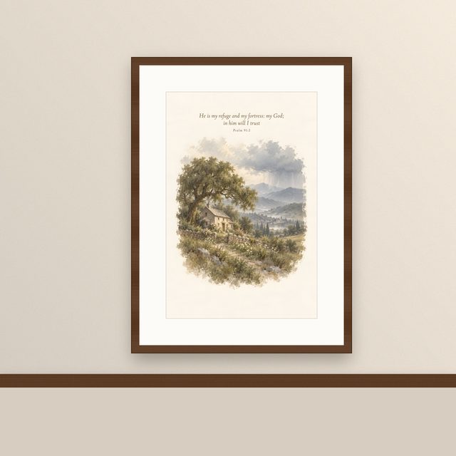 Cottage in the Rain, Psalm 91:2 watercolor print, framed on a wall